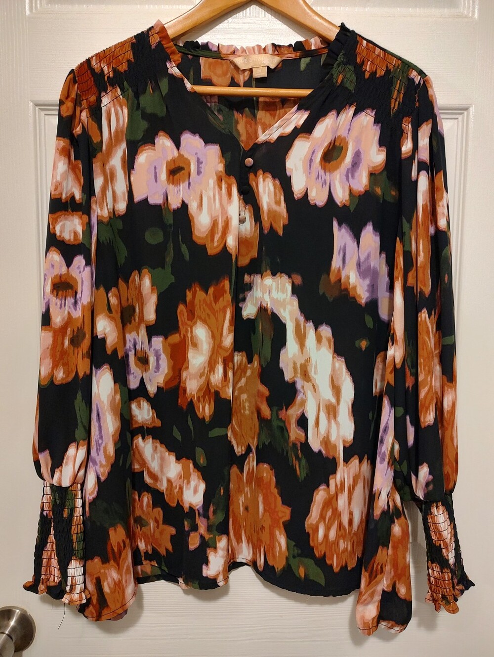 Floral V-Neck Long-Sleeve Blouse in Black and Rust